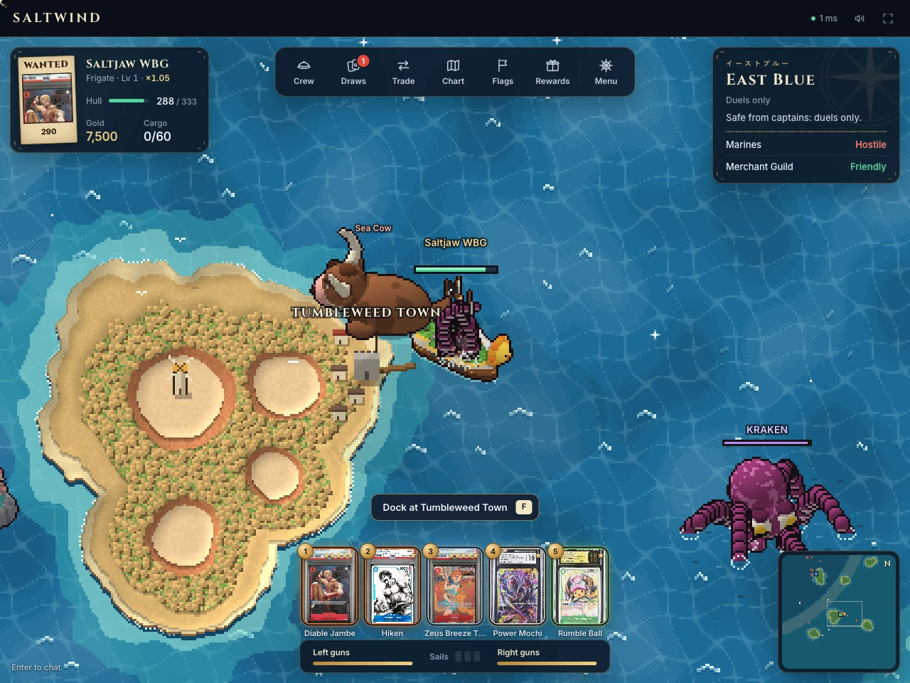 A kraken and a sea serpent beside a port
